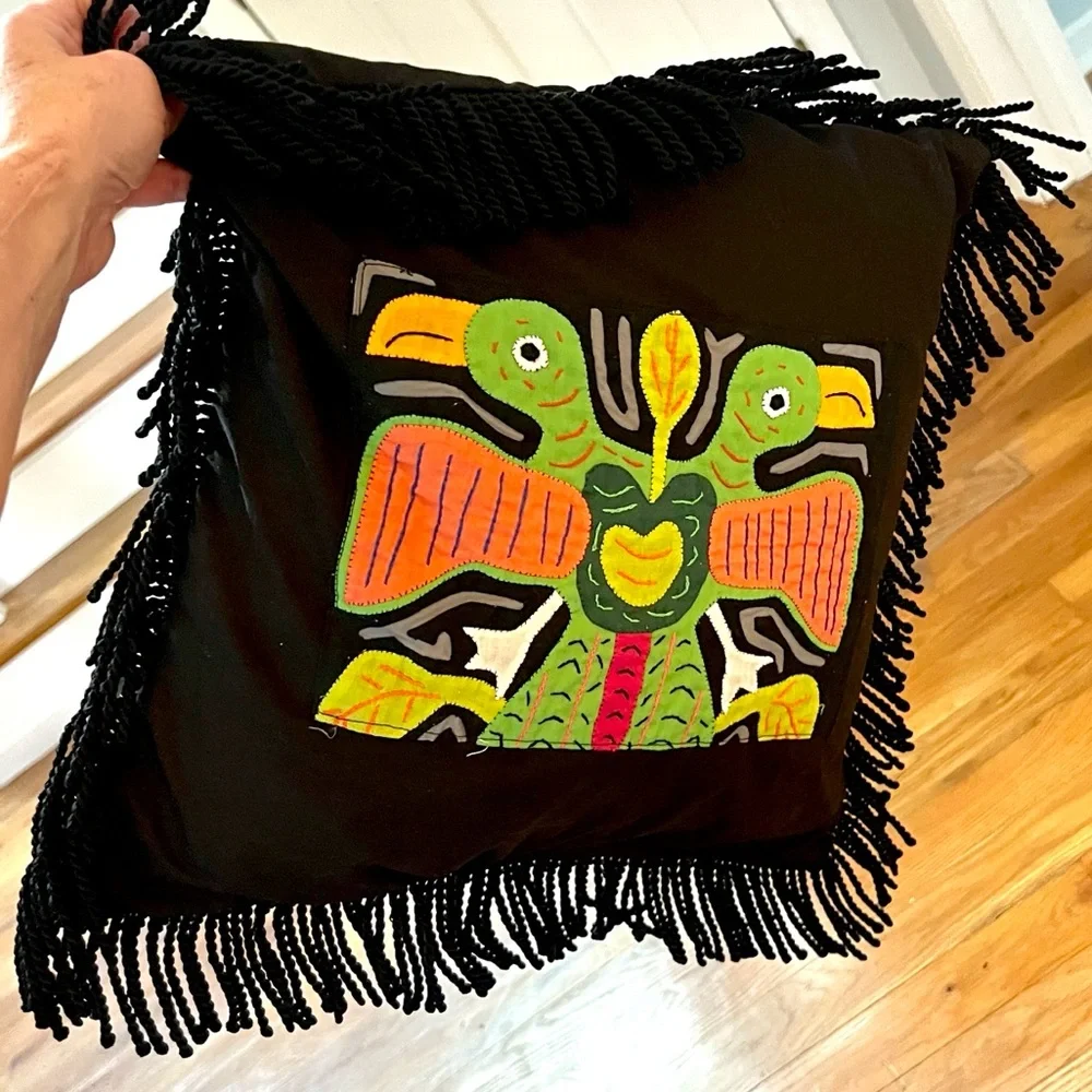 Mola Fringed Pillow, 18”, Traditional Folk-Art, Colombian by Panamanian Guna.
